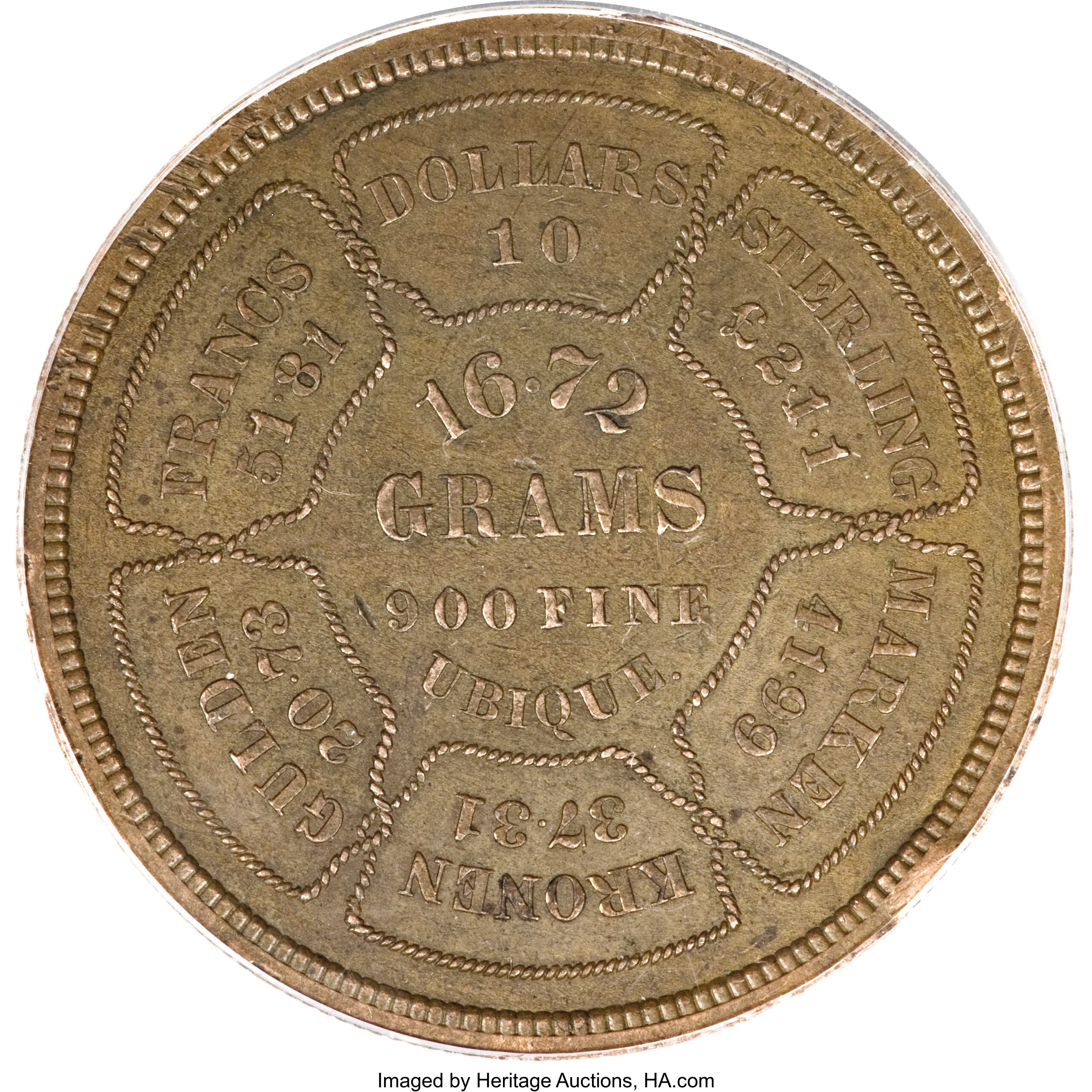 image for: 1874 $10 Bickford Ten Dollar, Judd-1374, Pollock-1519, Low R.6--Rims Damaged--ANACS. AU50 Details....
