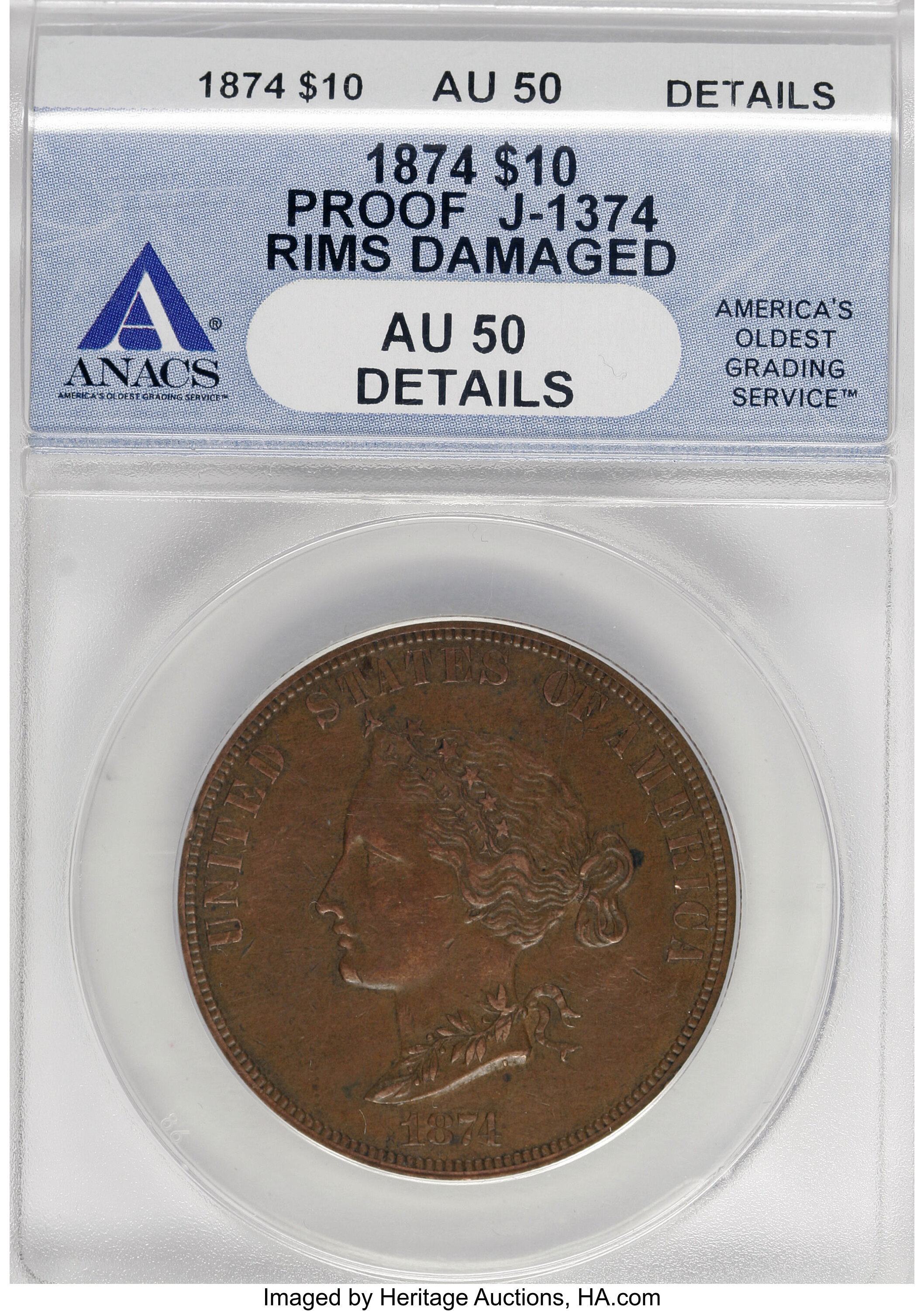 image for: 1874 $10 Bickford Ten Dollar, Judd-1374, Pollock-1519, Low R.6--Rims Damaged--ANACS. AU50 Details....