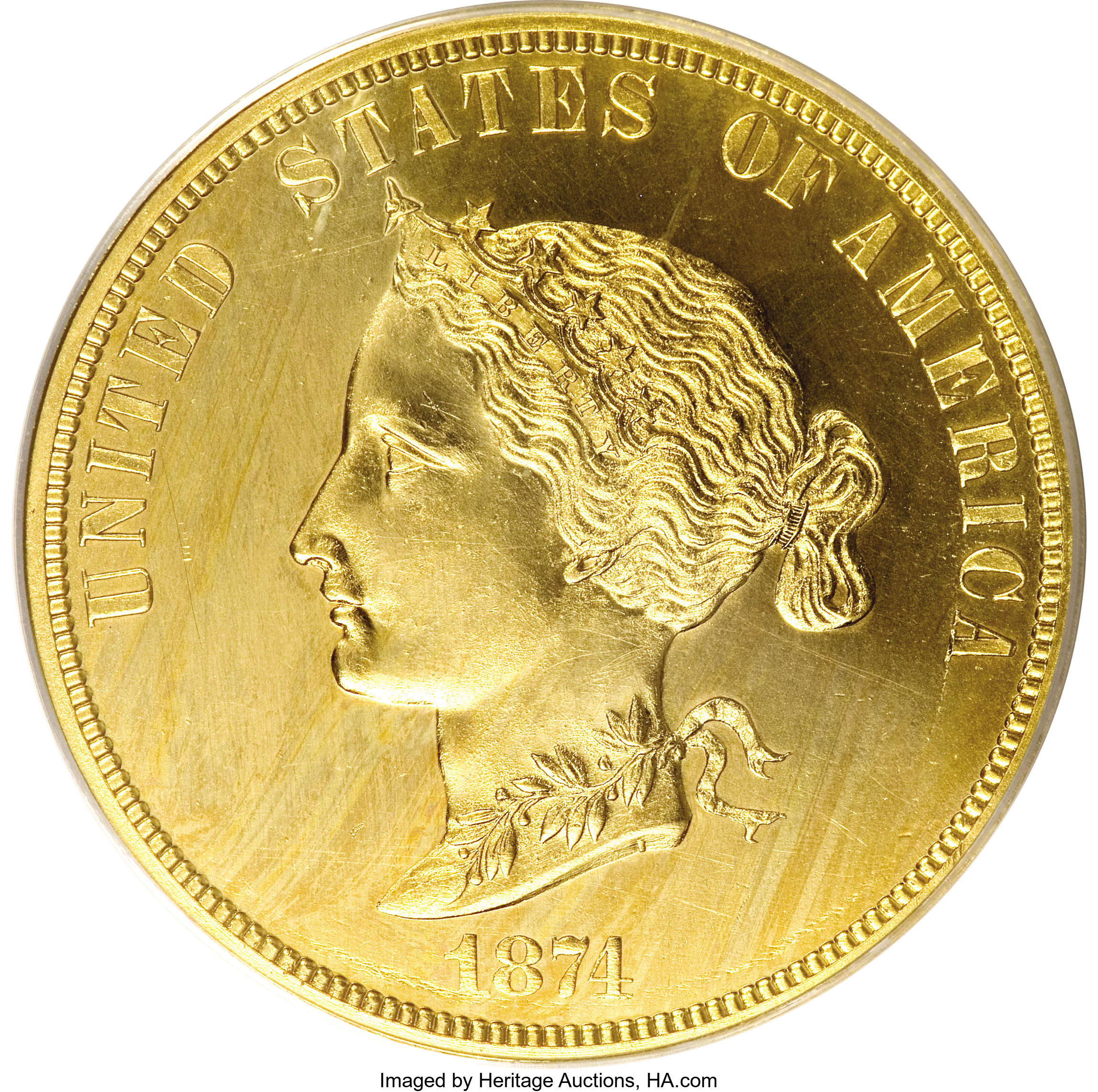 image for: 1874 $10 Bickford Ten Dollar, Judd-1375, Pollock-1520, Low R.7, PR62 Gilt Copper, Plain Edge PR62 ANACS....