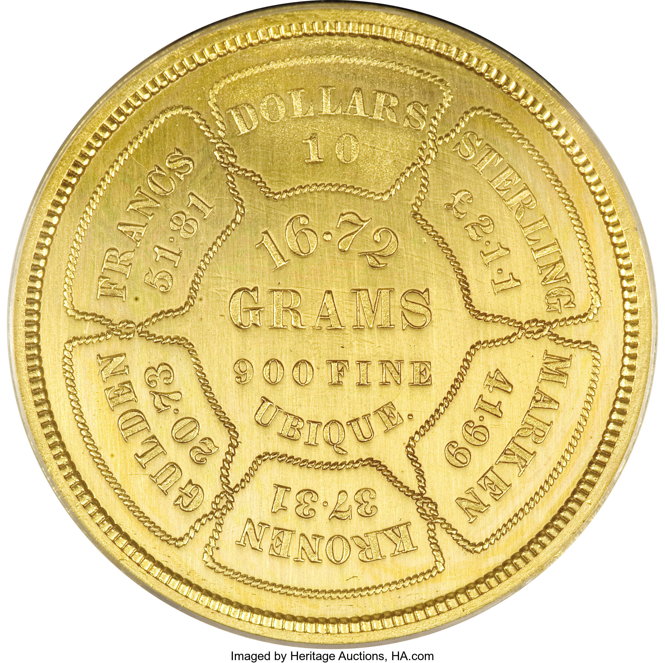 image for: 1874 $10 Bickford Ten Dollar, Judd-1375, Pollock-1520, Low R.7, PR62 Gilt Copper, Plain Edge PR62 ANACS....