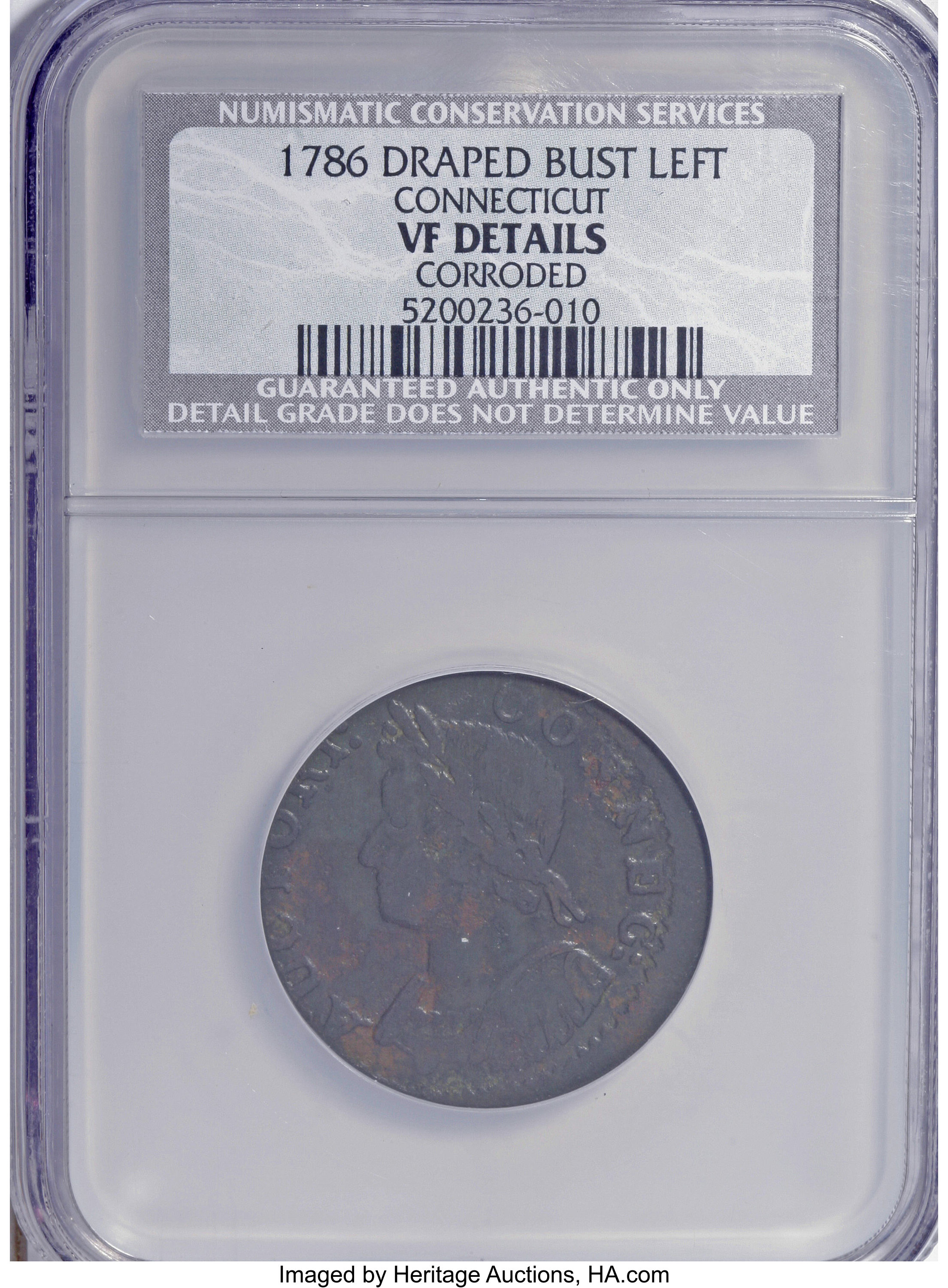 image for: 1786 COPPER Connecticut Copper, Draped Bust Left--Corroded--NCS. VF Details. NGC Census: (0/0). PCGS Population (0/0).   (#...