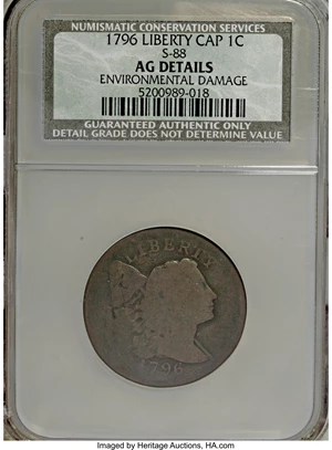 image for: 1796 1C Liberty Cap, S-88, B-9, R.4--Environmental Damage--NCS. AG Details. NGC Census: (0/0). PCGS Population (0/1). (#3...