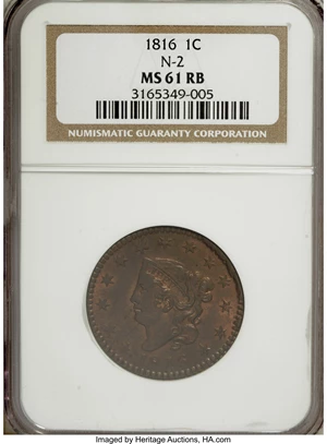 image for: 1816 1C MS61 Red and Brown NGC. N-2. NGC Census: (0/27). PCGS Population (0/24). Mintage: 2,820,982. (#1592)...