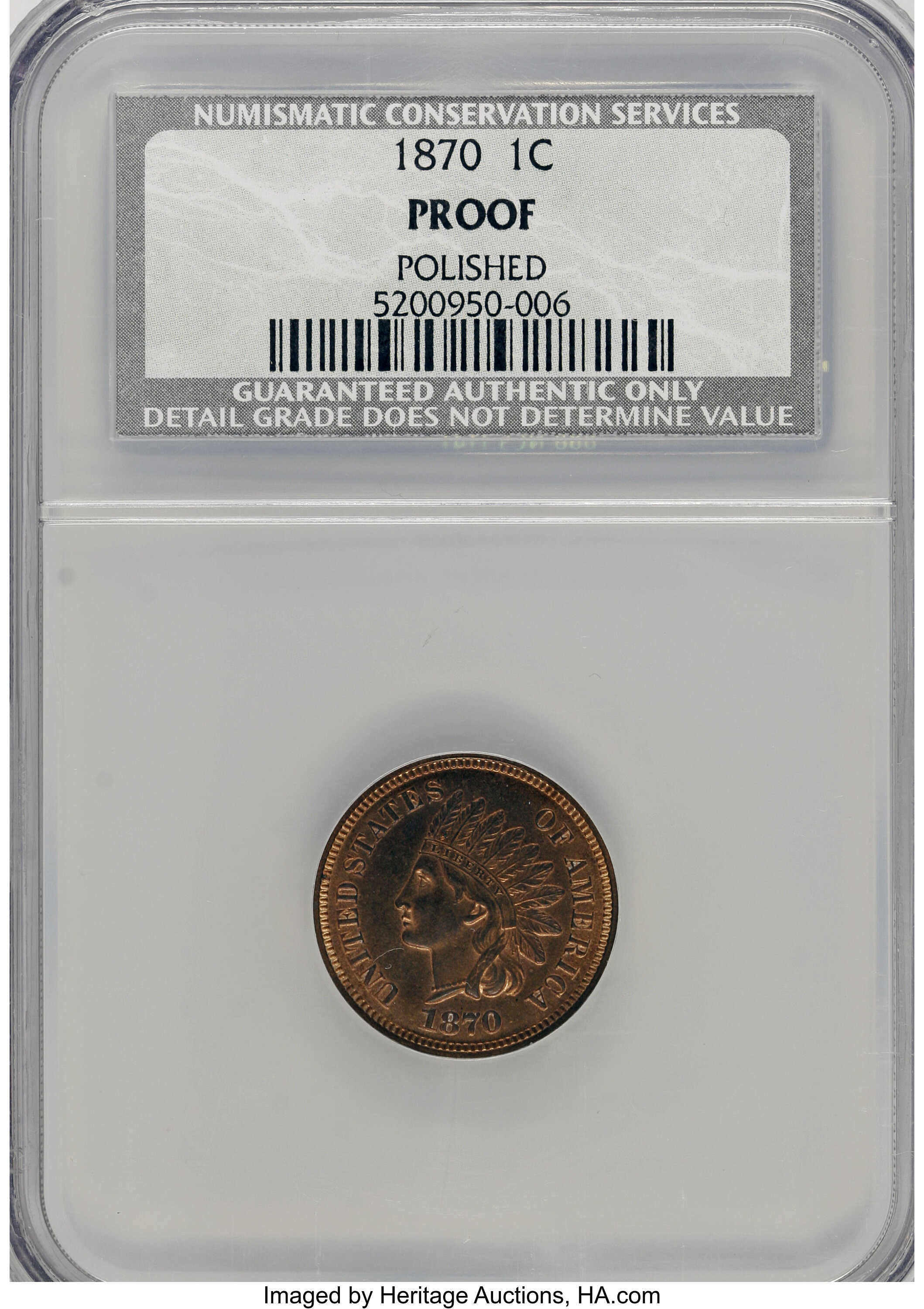 image for: 1870 1C --Polished--NCS. Proof. NGC Census: (0/0). PCGS Population (0/0). Mintage: 1,000.  (#2297)...