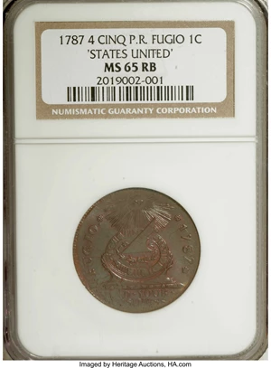 image for: 1787 1C Fugio Cent, STATES UNITED, 4 Cinquefoils, Pointed Rays MS65 Red and Brown NGC....