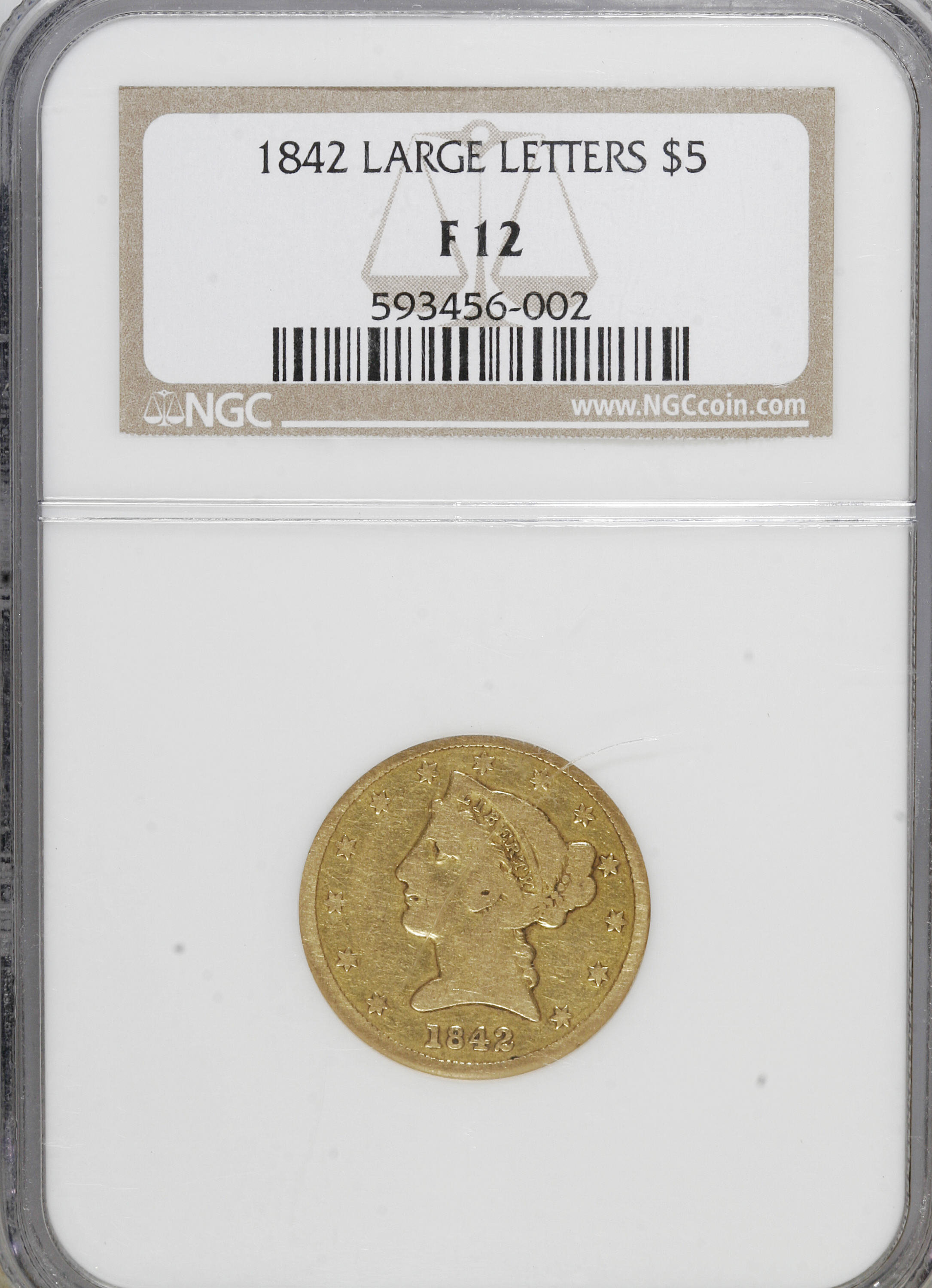 image for: 1842 $5 Large Letters Fine 12 NGC. NGC Census: (1/46). PCGS Population (0/11).  Numismedia Wsl. Price for NGC/PCGS coin in ...