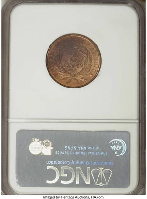 image for: 1864 2C Large Motto MS67 Red and Brown NGC....