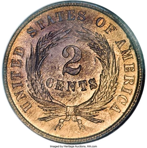 image for: 1864 2C Large Motto MS67 Red and Brown NGC....