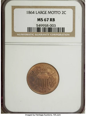 image for: 1864 2C Large Motto MS67 Red and Brown NGC....