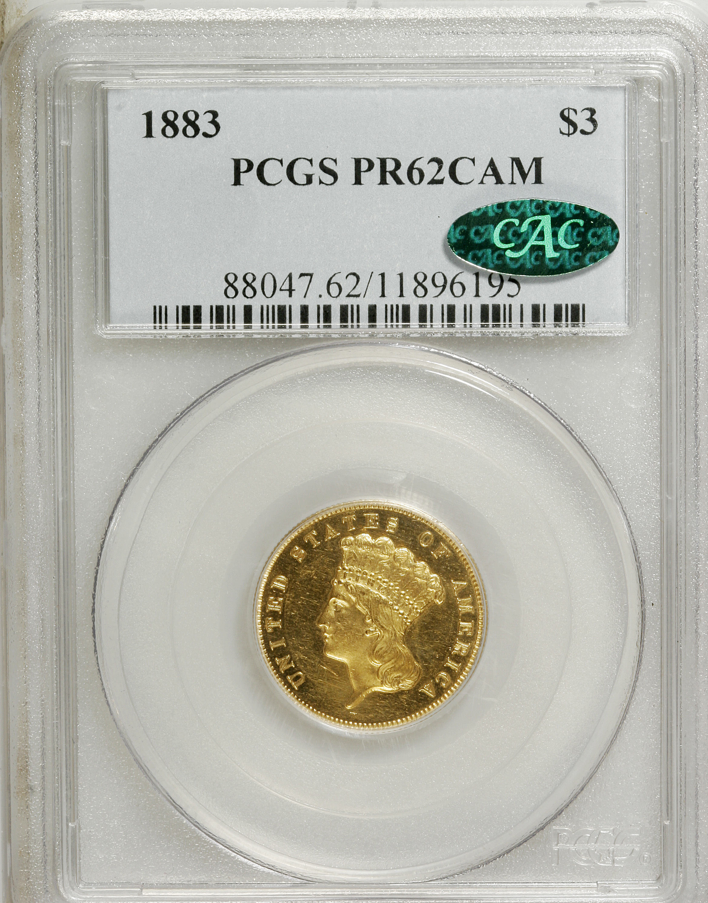 image for: 1883 $3 PR62 Cameo PCGS. CAC....