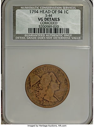 image for: 1794 1C Head of 1794, S-44, B-33, R.1--Corroded--NCS. VG Details. NGC Census: (0/0). PCGS Population (0/1). (#35597)...