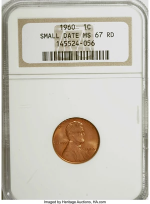 image for: 1960 1C Small Date MS67 Red NGC. NGC Census: (22/0). PCGS Population (7/0). Mintage: 588,096,576. Numismedia Wsl. Price for...