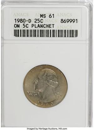 image for: 1980-D 25C On 5C Planchet MS61 ANACS. PCGS Population (0/226). NGC Census: (0/73). Mintage: 518,327,488. Numismedia Wsl. Pri...