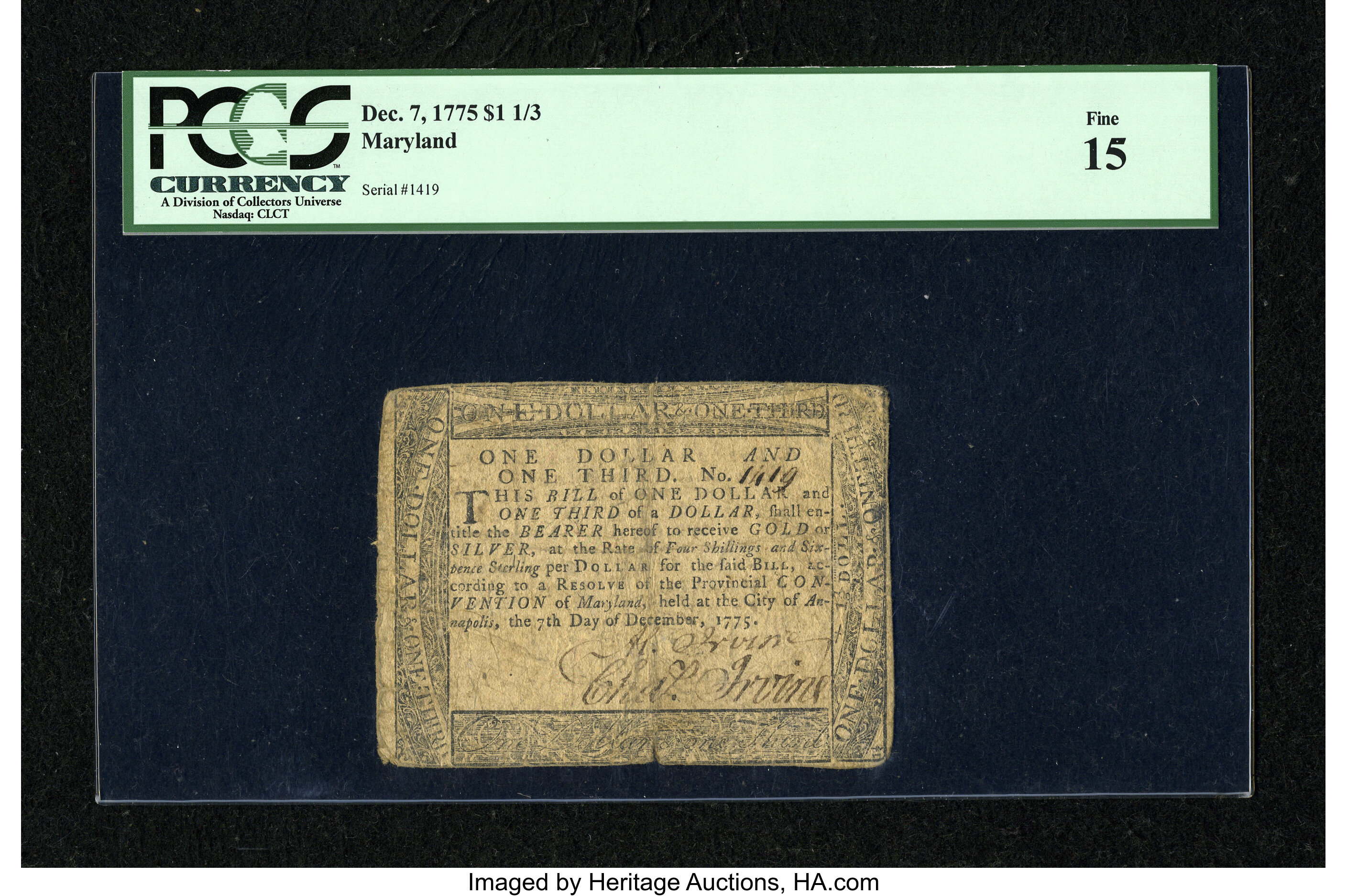 image for: Maryland December 7, 1775 $1  1/3 PCGS Fine 15....