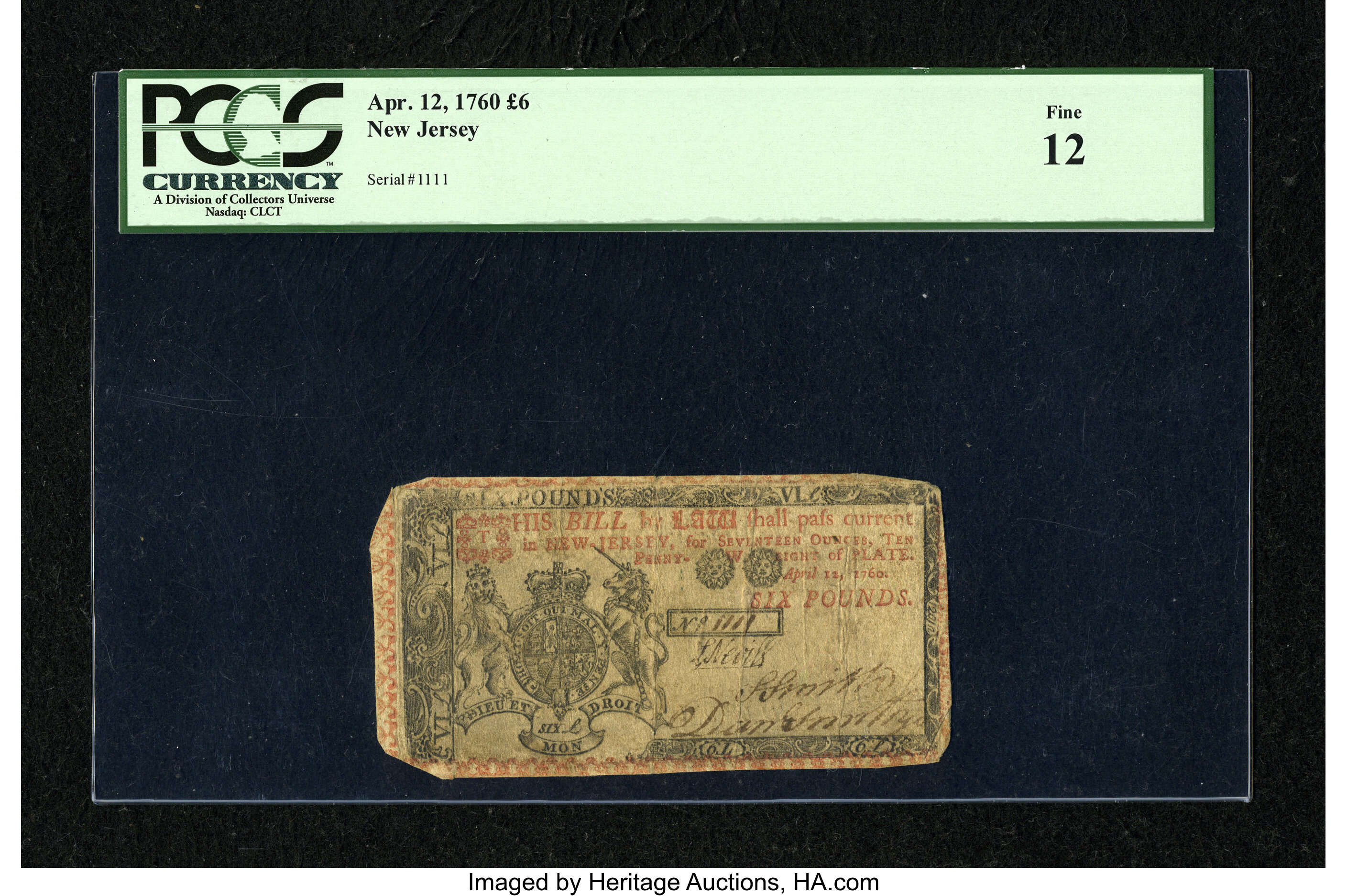 image for: New Jersey April 12, 1760 £6 PCGS Fine 12....