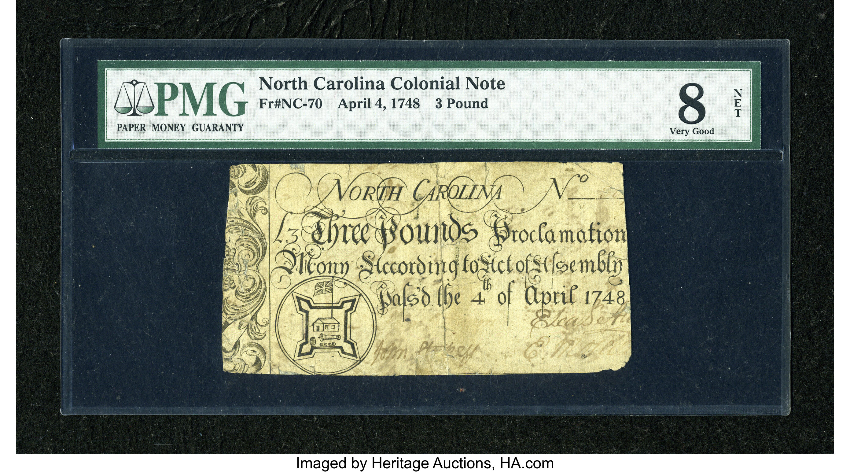 image for: North Carolina April 4, 1748 £3 PMG Very Good Net 8....