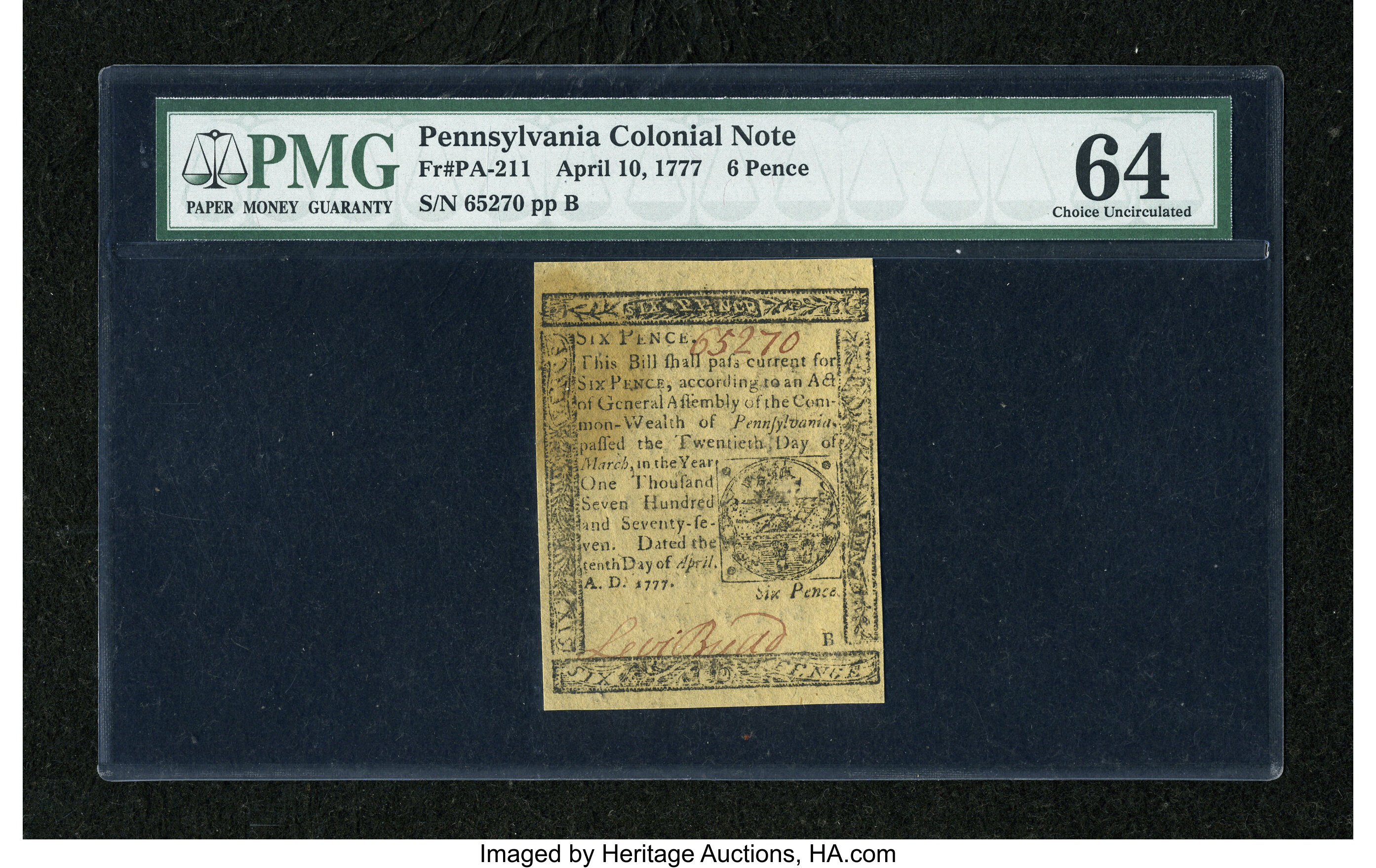 image for: Pennsylvania April 10, 1777 6d PMG Choice Uncirculated 64....