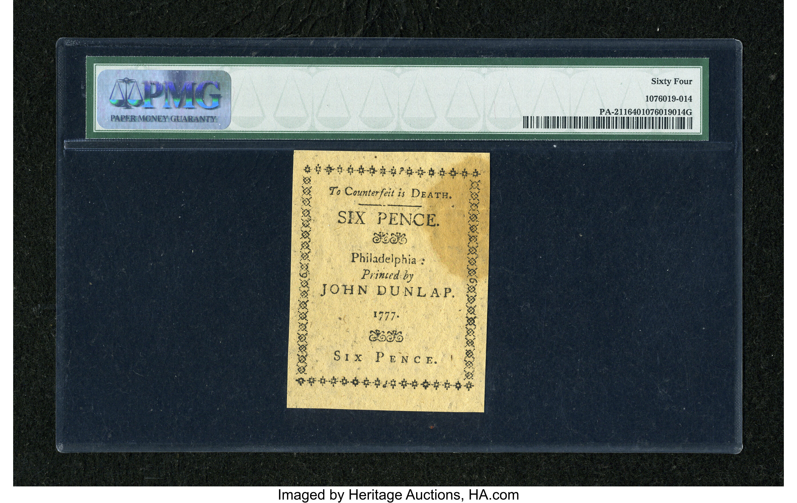 image for: Pennsylvania April 10, 1777 6d PMG Choice Uncirculated 64....