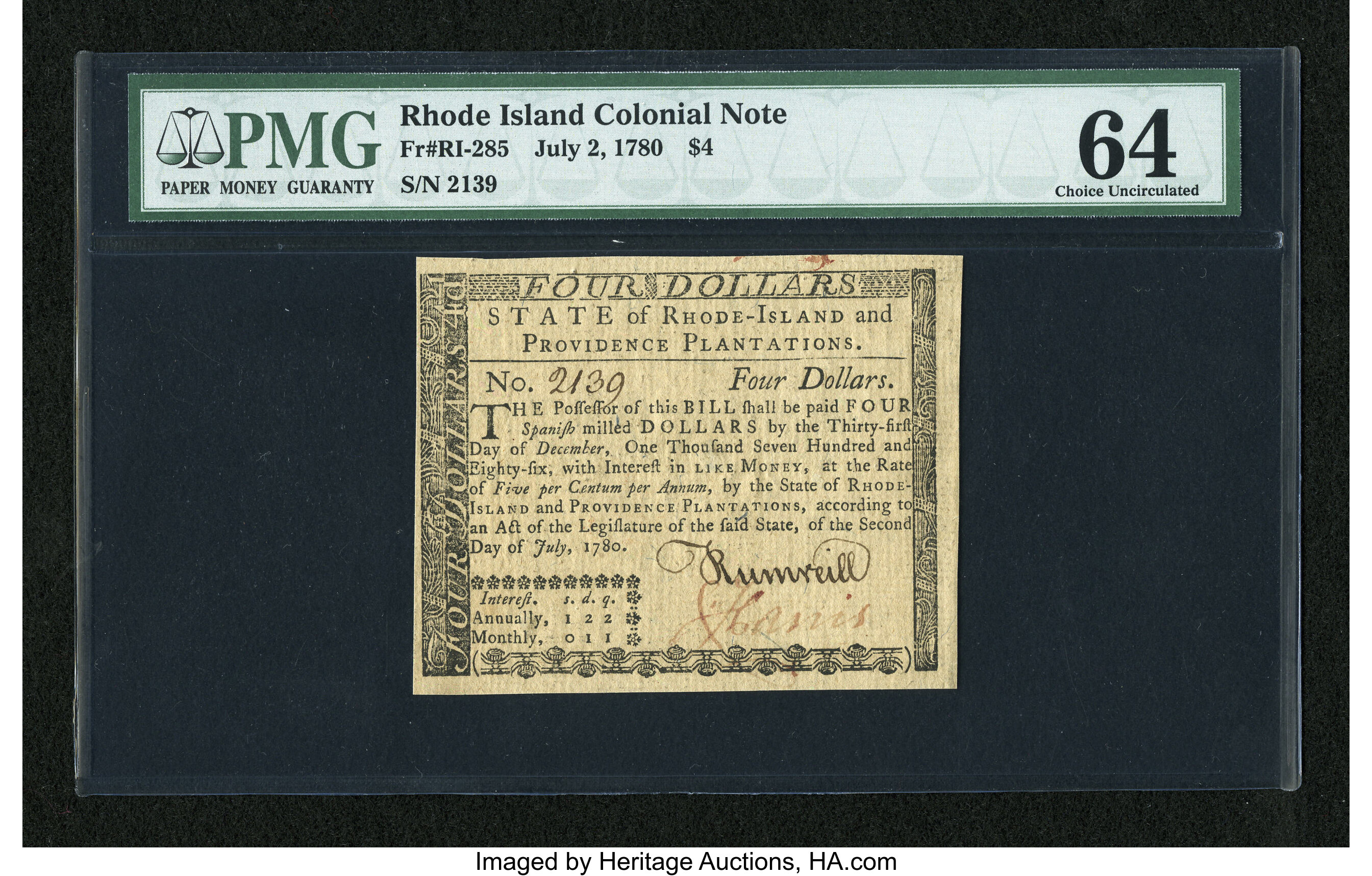 image for: Rhode Island July 2, 1780 $4 PMG Choice Uncirculated 64....