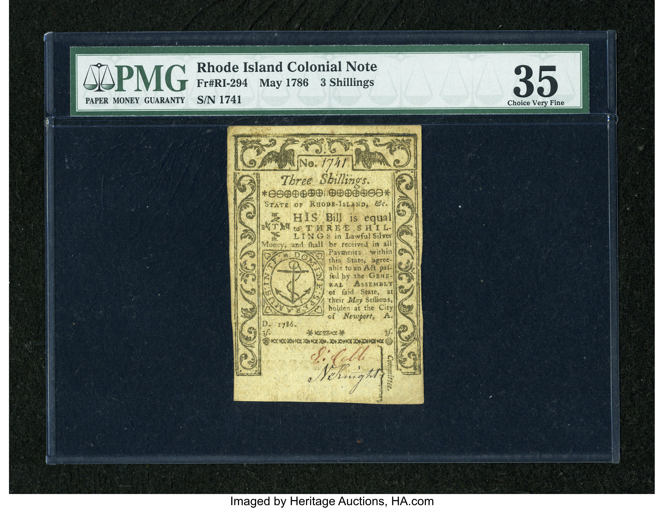 image for: Rhode Island May 1786 3s PMG Choice Very Fine 35....