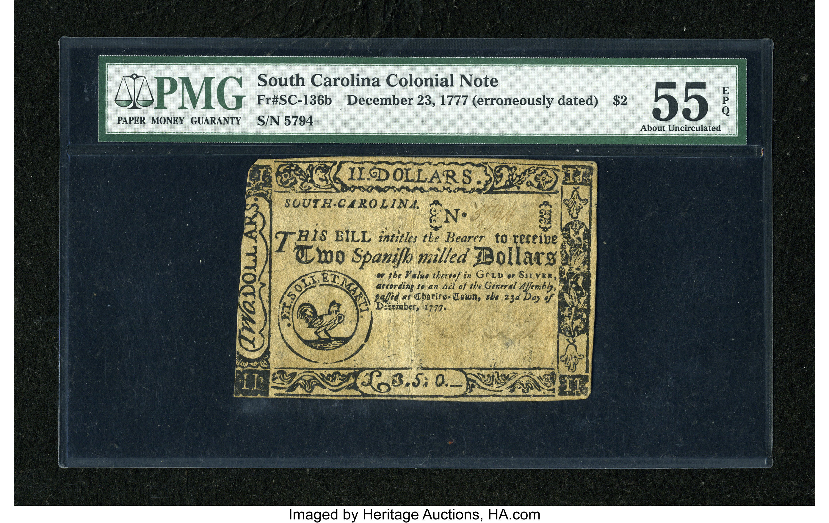 image for: South Carolina December 23, 1777 (erroneously dated) $2 PMG About Uncirculated 55 EPQ....