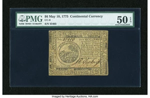 image for: Continental Currency May 10, 1775 $6 PMG About Uncirculated 50 EPQ....