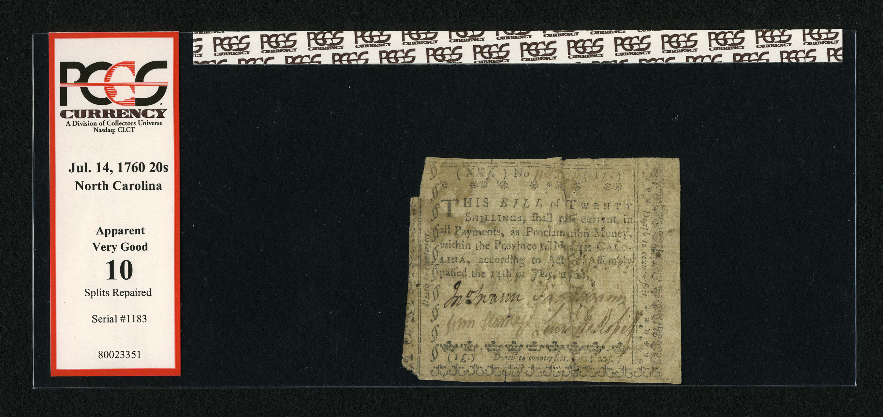 image for: North Carolina July 14, 1760 20s PCGS Apparent Very Good 10....