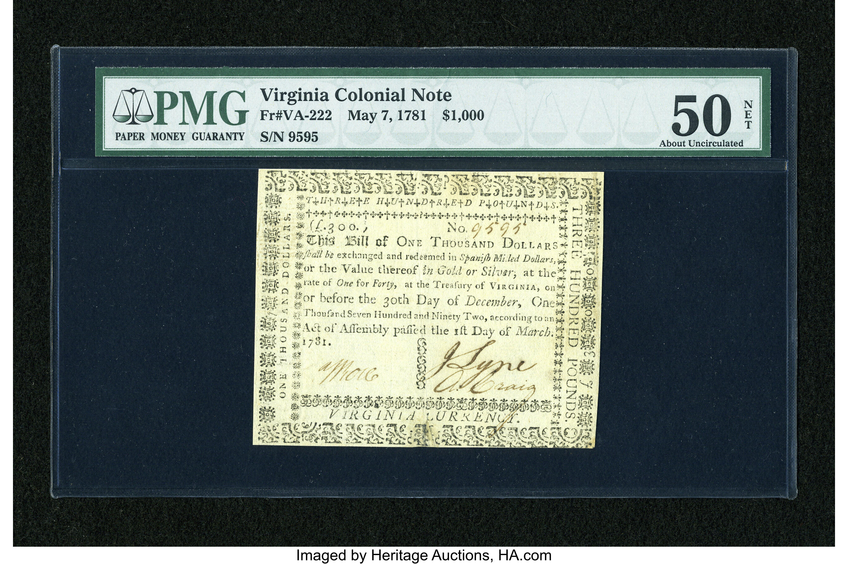 image for: Virginia March 1, 1781 $1000 PMG Net About Uncirculated 50....