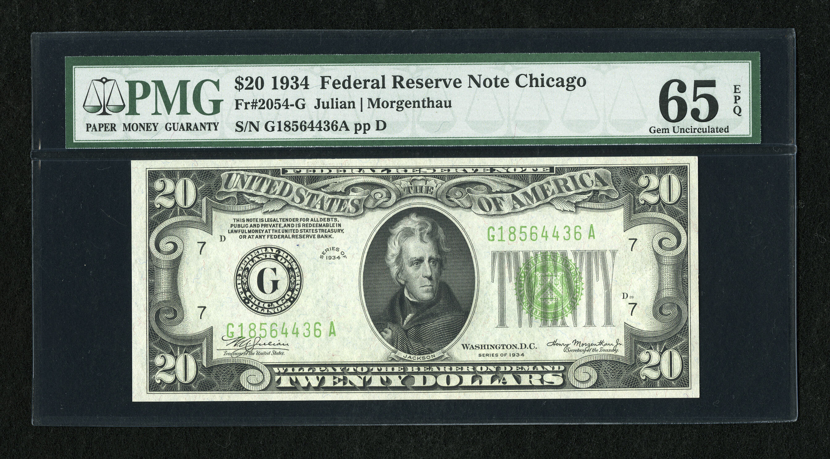 image for: Fr. 2054-G $20 1934 Dark Green Seal Federal Reserve Note. PMG Gem Uncirculated 65 EPQ....