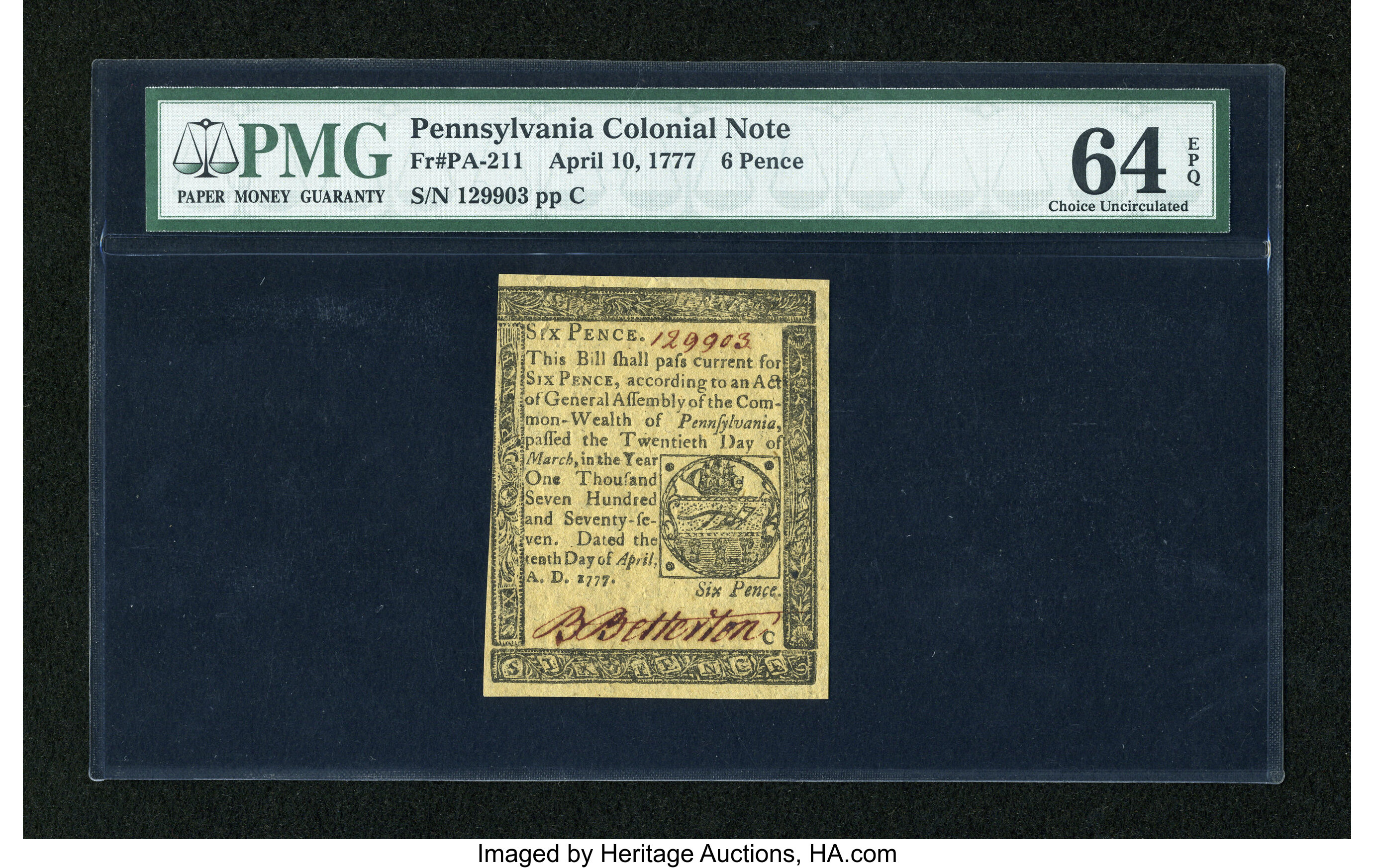 image for: Pennsylvania April 10, 1777 6d PMG Choice Uncirculated 64 EPQ....
