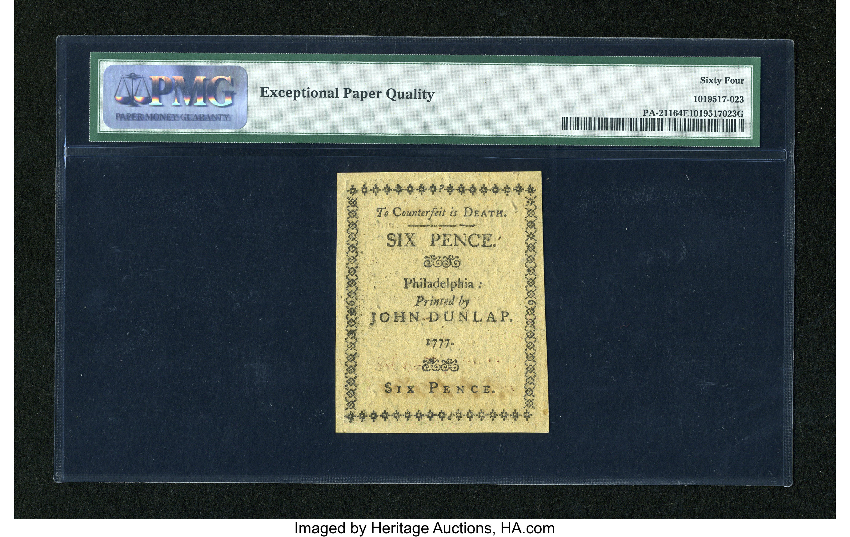 image for: Pennsylvania April 10, 1777 6d PMG Choice Uncirculated 64 EPQ....