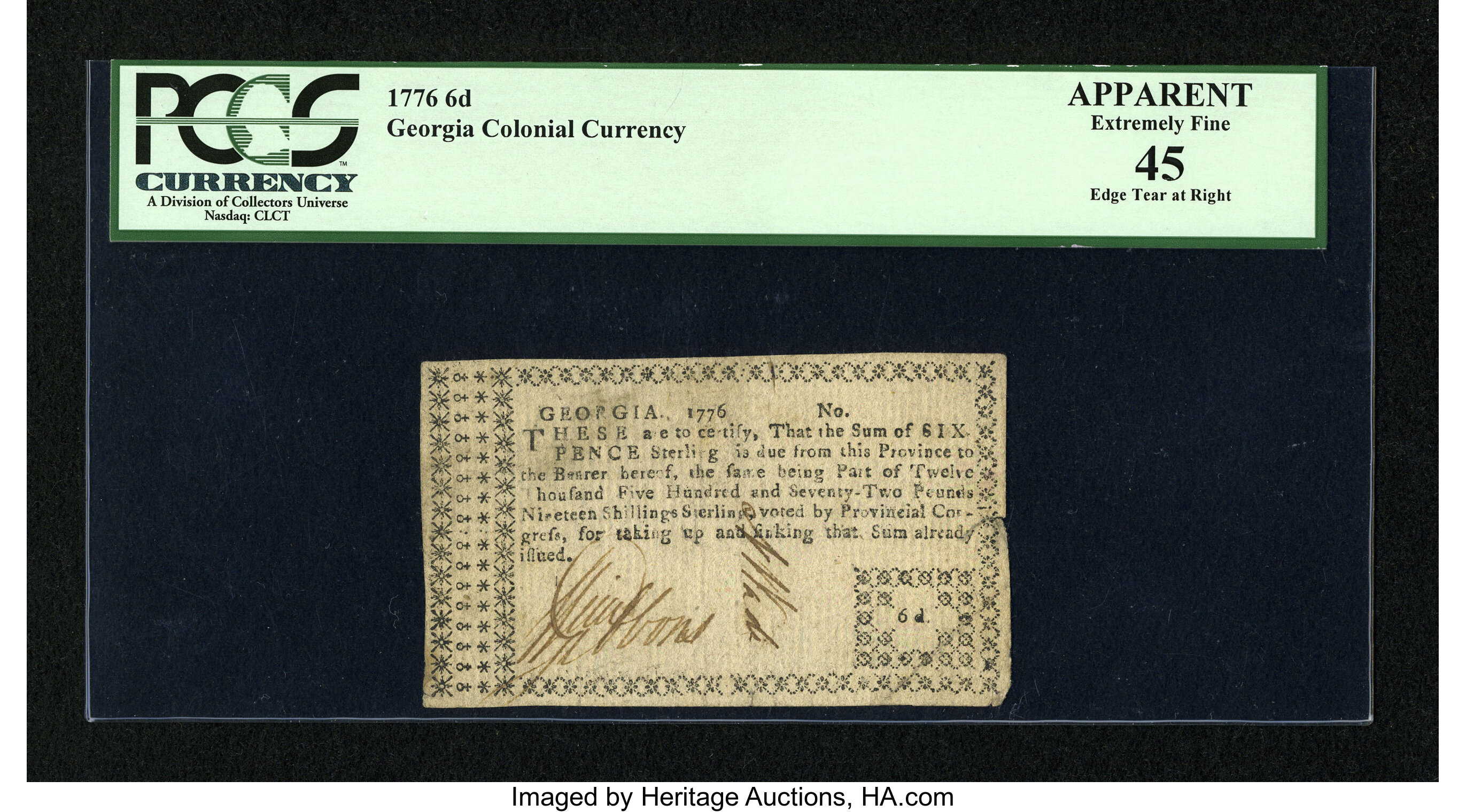 image for: Georgia 1776 6d PCGS Apparent Extremely Fine 45....