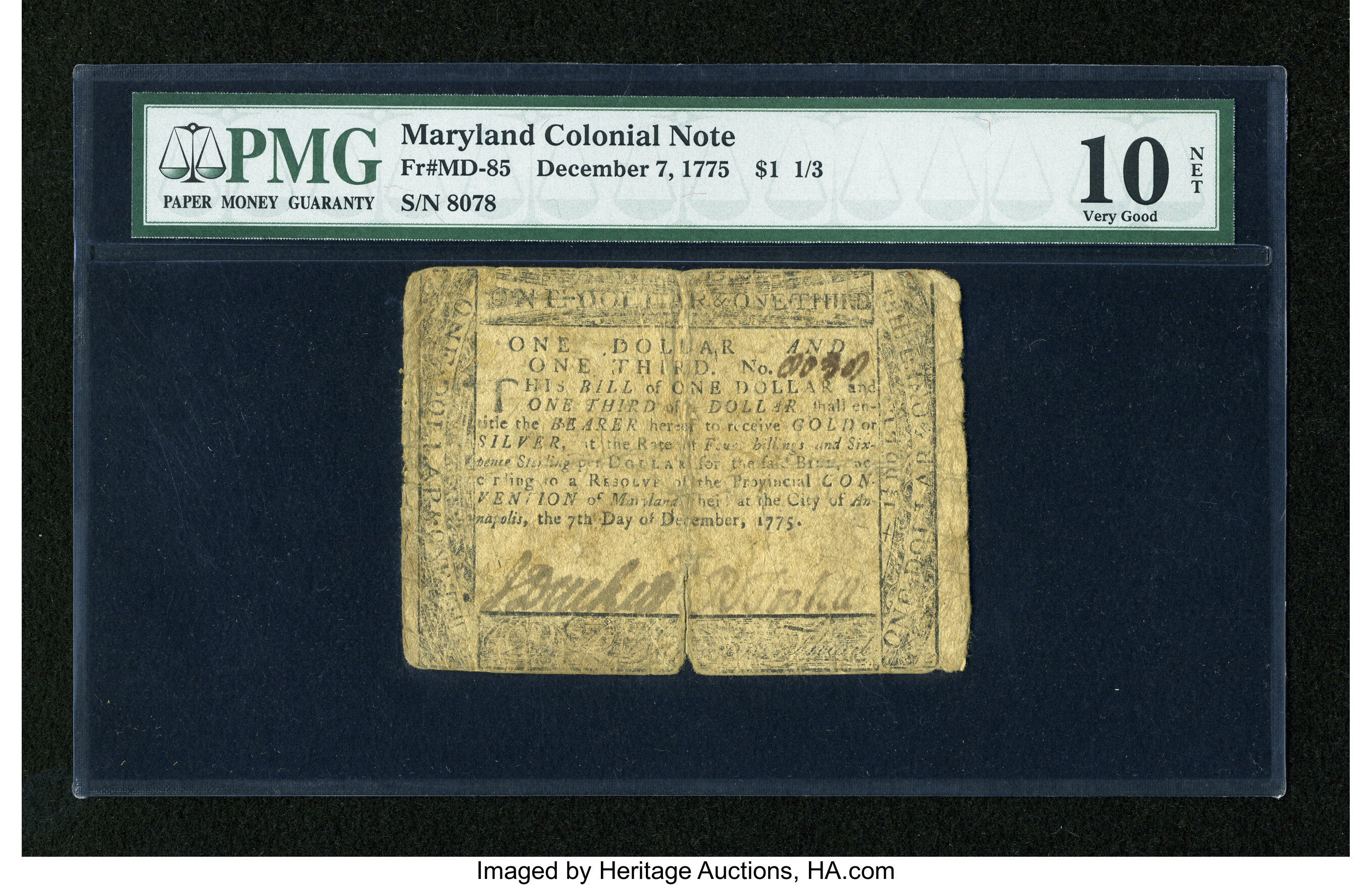 image for: Maryland December 7, 1775 $1 1/3 PMG Very Good Net 10....