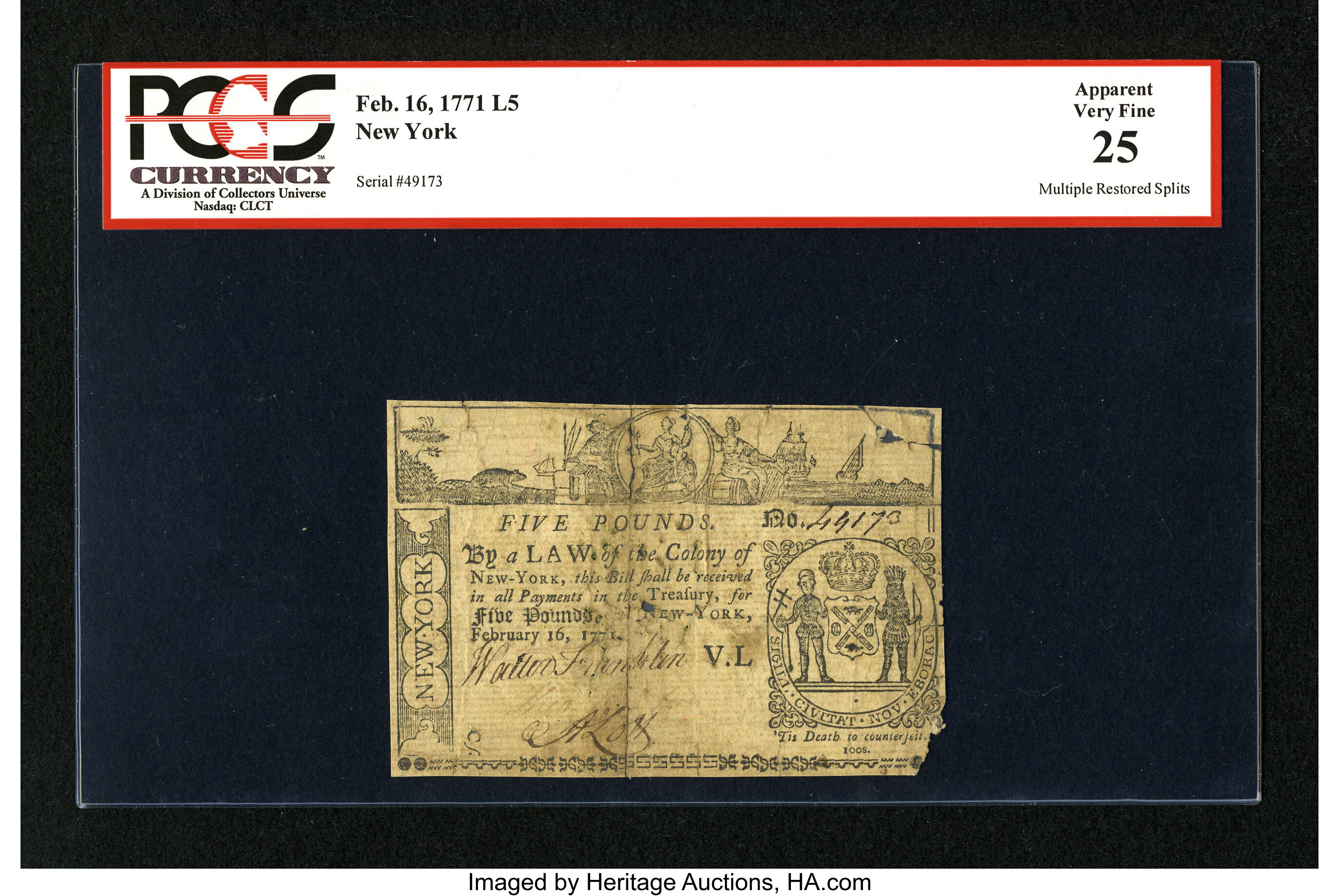 image for: New York February 16, 1771 £5 PCGS Apparent Very Fine 25....