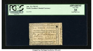 image for: North Carolina April 23, 1761 £3 PCGS Apparent Very Fine 35....