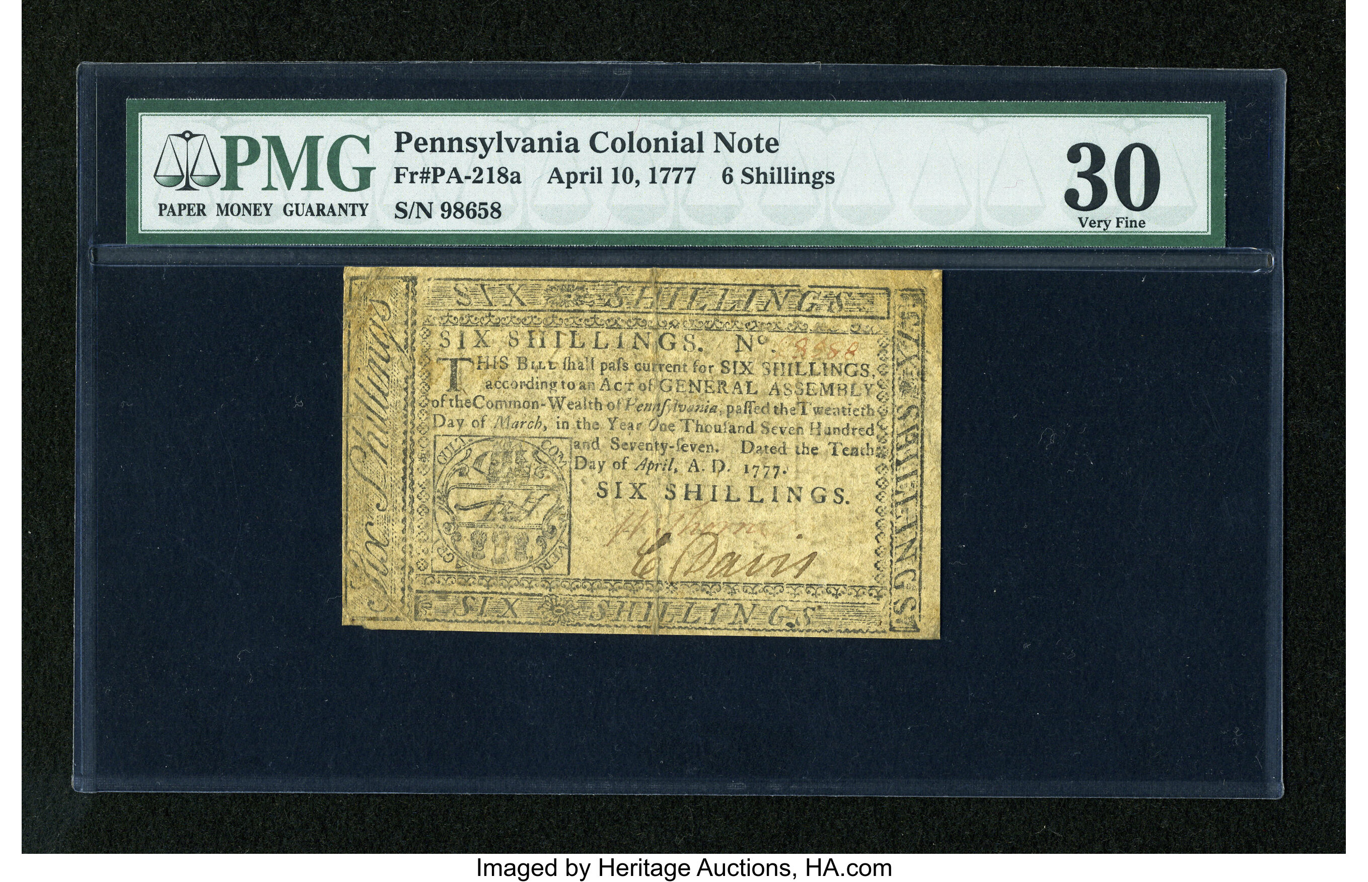 image for: Pennsylvania April 10, 1777 6s PMG Very Fine 30....