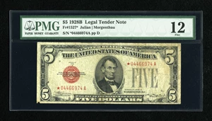 image for: Fr. 1527* $5 1928B Legal Tender Star Note. PMG Fine 12....