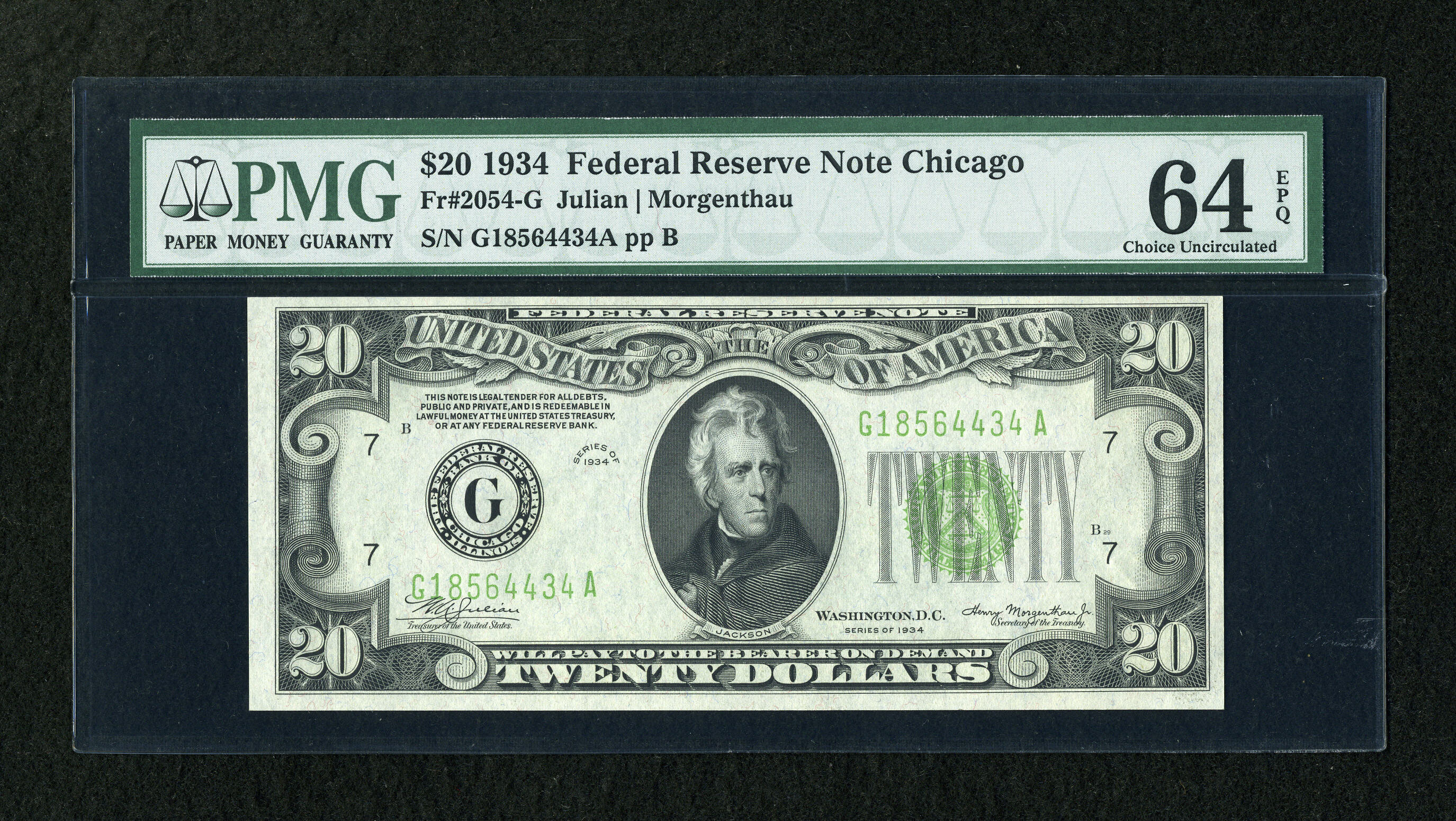 image for: Fr. 2054-G $20 1934 Dark Green Seal Federal Reserve Note. PMG Choice Uncirculated 64 EPQ....