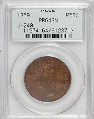 image for: 1859 P50C Half Dollar, Judd-240, Pollock-296, R.5, PR64 Brown PCGS. PCGS Population (6/1). NGC Census: (0/0). (#11974)...