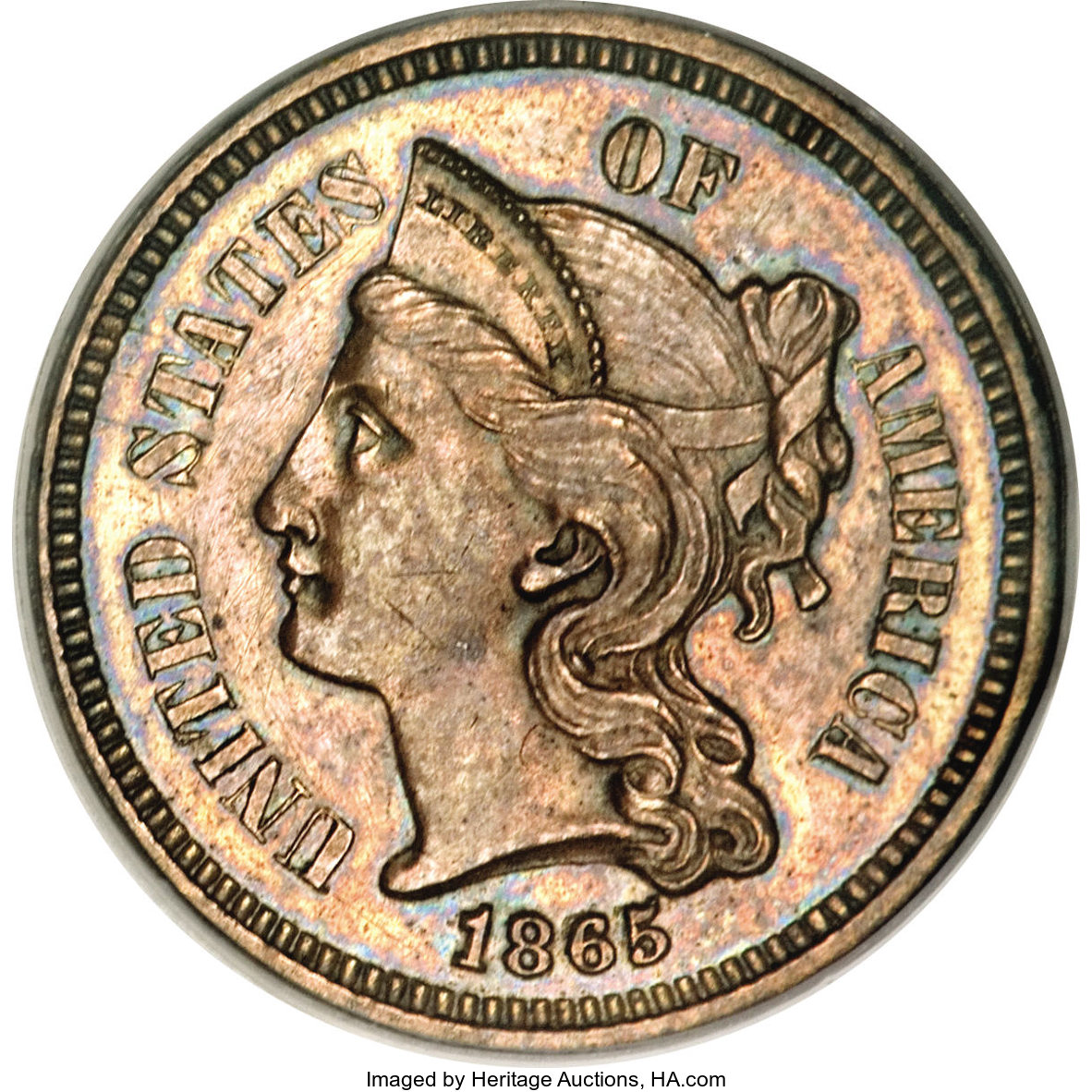 image for: 1865 3C Three Cent Nickel, Judd-413, Pollock-484, R.5, PR62 Brown PCGS....