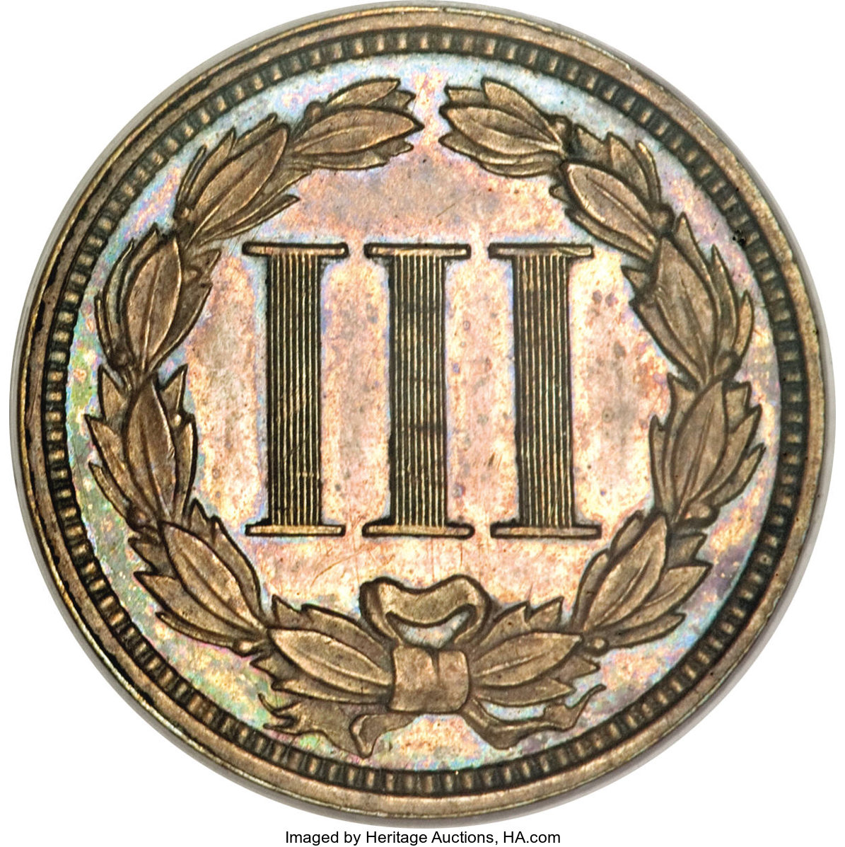 image for: 1865 3C Three Cent Nickel, Judd-413, Pollock-484, R.5, PR62 Brown PCGS....