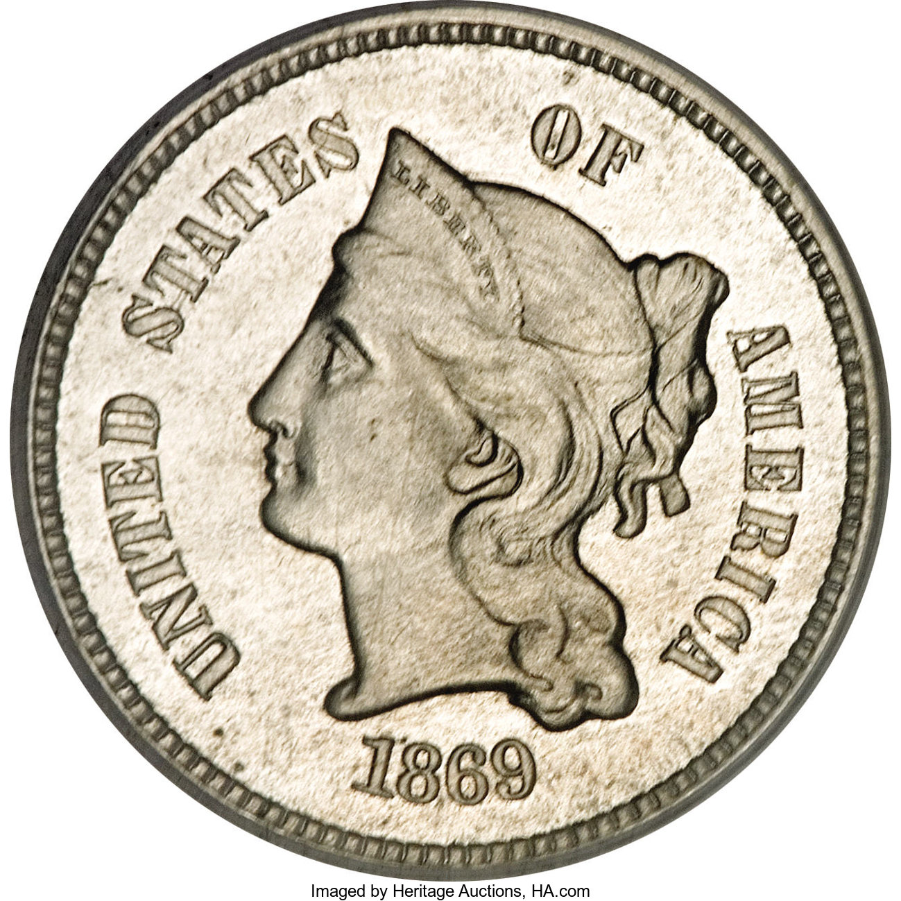 image for: 1869 3CN Three Cent Nickel, Judd-676, Pollock-753, 755, R.4, PR62 PCGS....