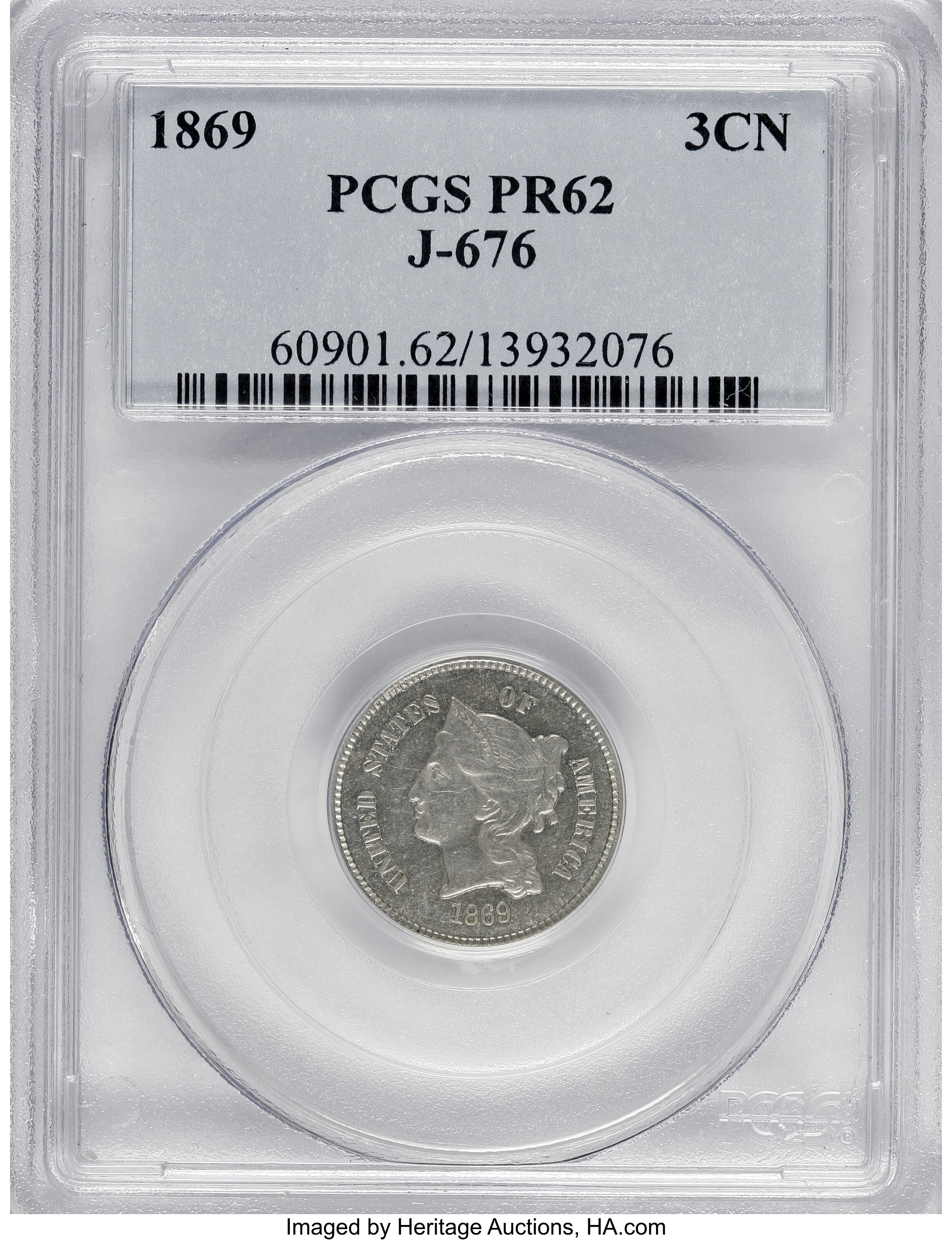 image for: 1869 3CN Three Cent Nickel, Judd-676, Pollock-753, 755, R.4, PR62 PCGS....