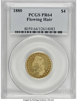 image for: 1880 $4 Flowing Hair, Judd-1657, Pollock-1857, R.6, PR64 PCGS....
