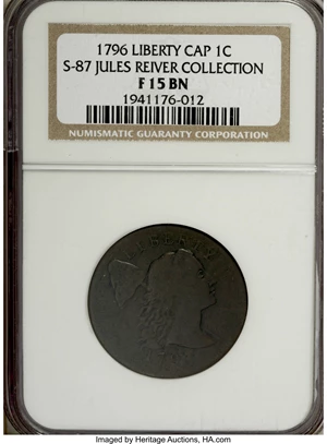 image for: 1796 1C Liberty Cap, S-87, B-8, R.3 Fine 15 NGC....