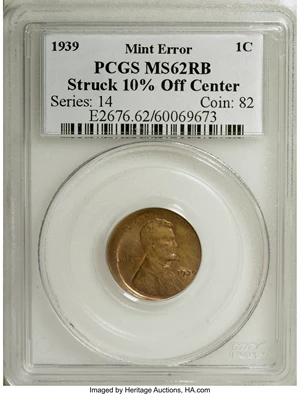 image for: 1939 1C Lincoln Cent--Struck 10% Off-Center--MS62 Red and Brown PCGS. ...
