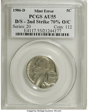 image for: 1986-D 5C Jefferson Nickel--D/S-2nd Strike 70% Off-Center--AU55 PCGS. ...