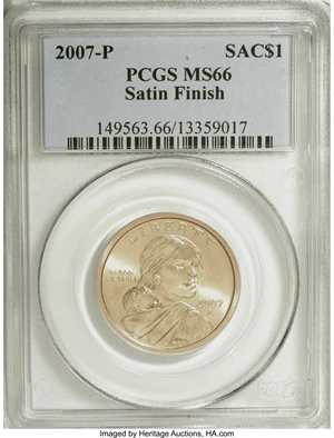 image for: 2007-P SAC$1 Satin Finish MS66 PCGS. PCGS Population (6/1246). NGC Census: (0/0). (#149563)...