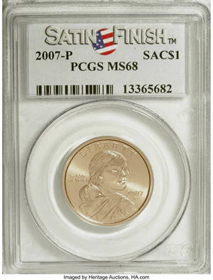 image for: 2007-P SAC$1 Satin Finish MS68 PCGS. PCGS Population (913/306). NGC Census: (0/0). (#149563)...