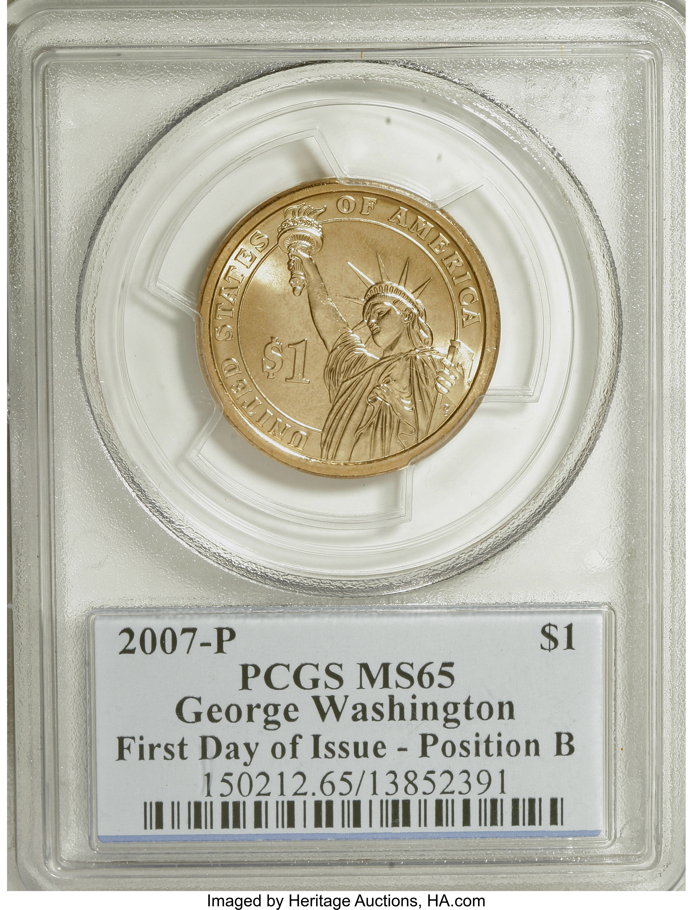 image for: 2007-P $1 Washington First Day of Issue Pos B MS65 PCGS. PCGS Population (9/319). NGC Census: (0/0).   (#390547)...